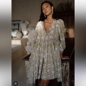 Daughters Of India Kyra Midi Dress Balloon Sleeve Olive  Green XS Cotton Boho